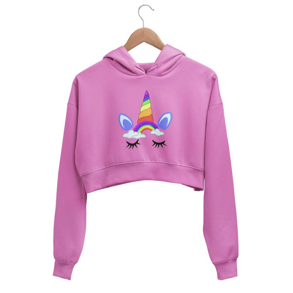 Rainbow Unicorn Face Crop Top Hoodie Pink XS