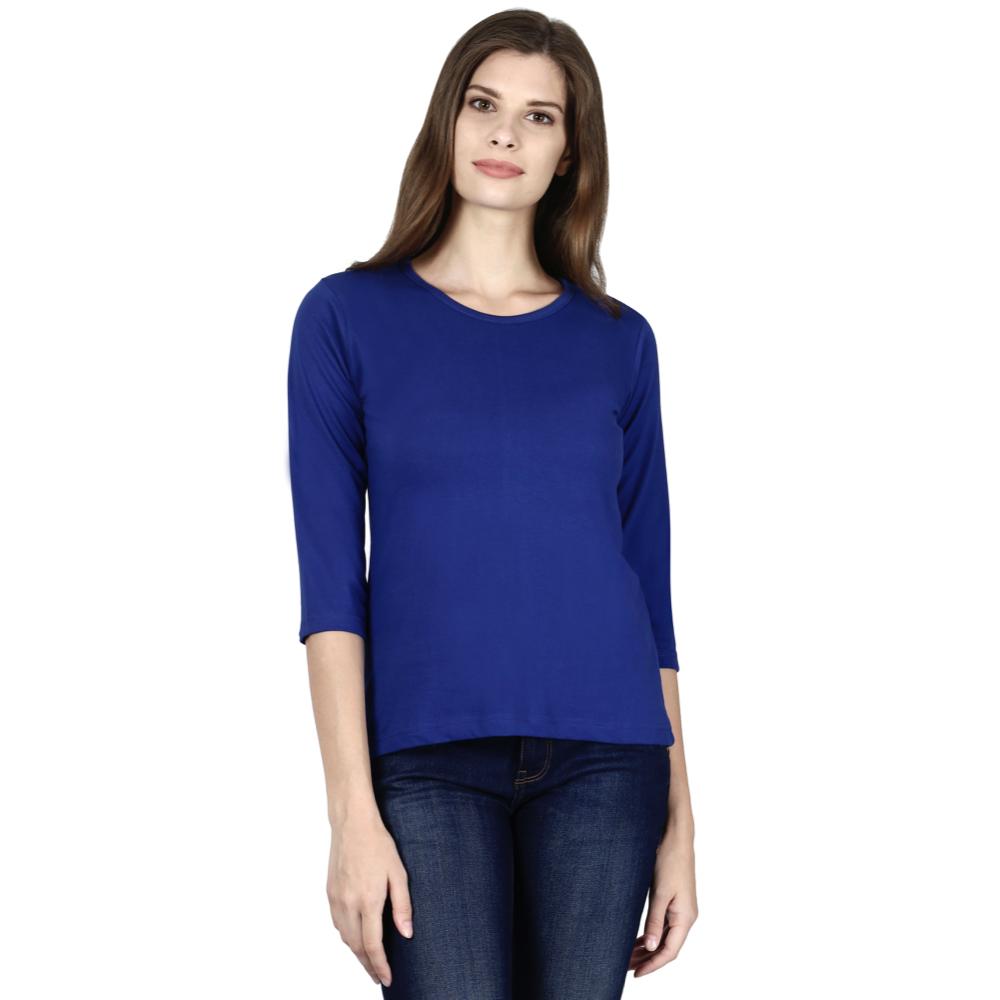 Female Round Neck Solid Full Sleeve T-Shirts - Royal Blue / S